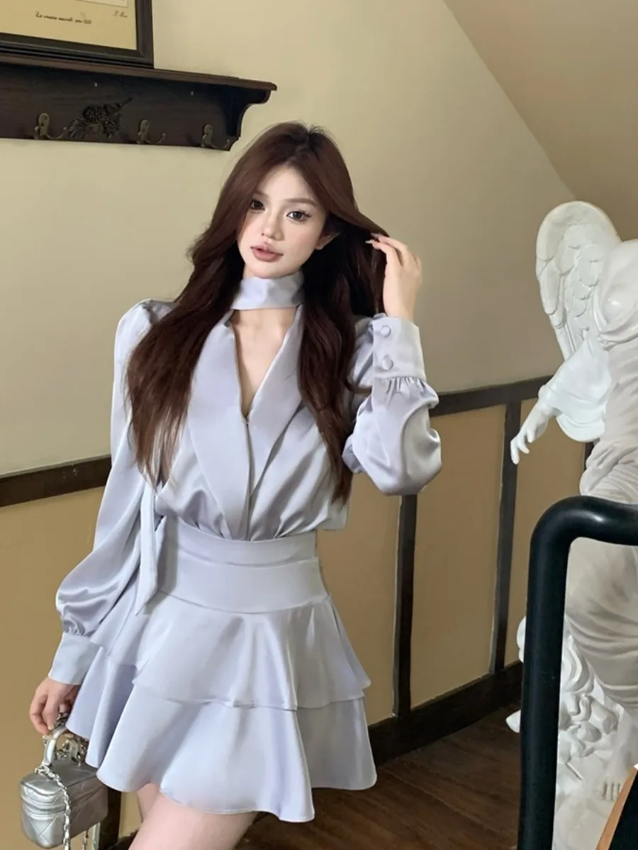 

Ele Ladylike Sle атласный топ с пузырьками све и юбкой-торт, комплект шикарных женских модных нарядов для взрослых Four Seasons