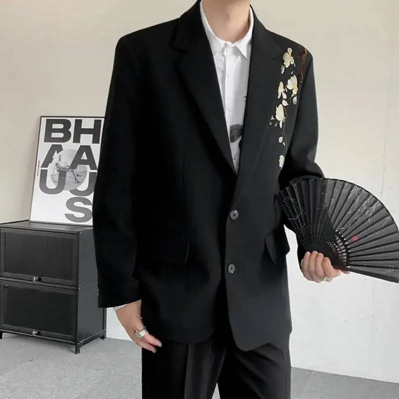 New Chinese Style Men's Blazers Embroidery Contrast Color Lapel Tops Single Breasted Loose Male Suit Jackets Niche CDR56