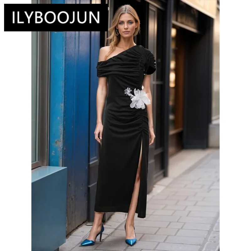 

ILYBOOJUN Hit Color Spliced Appliques Dresses For Women Diagonal Collar Off One Shoulder High Waist Slimming Dress Female New