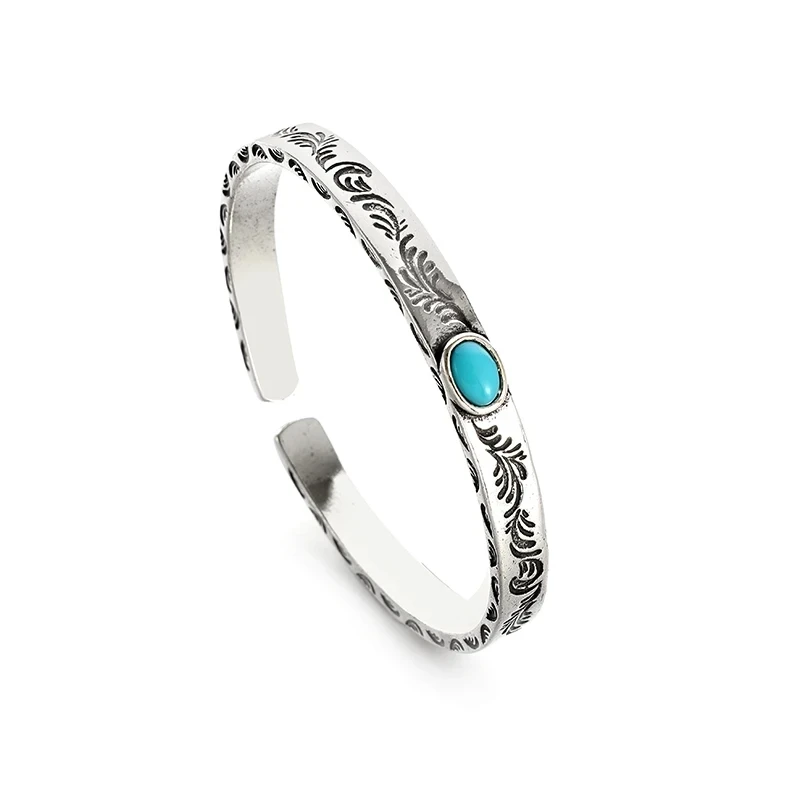 Indian Style Silver Plated Turquoise Carved Arabesque Bracelets for Men and Women Cuff Bangles Fashion Trend Party Jewelry