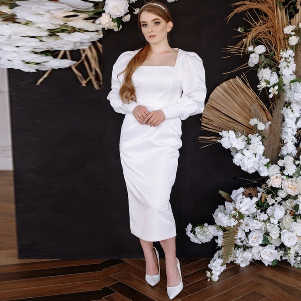 

Small Forest Wedding White Satin Pleat Split Button Bespoke Occasion Gown Sheath Square Neck Midi Dresses 2024