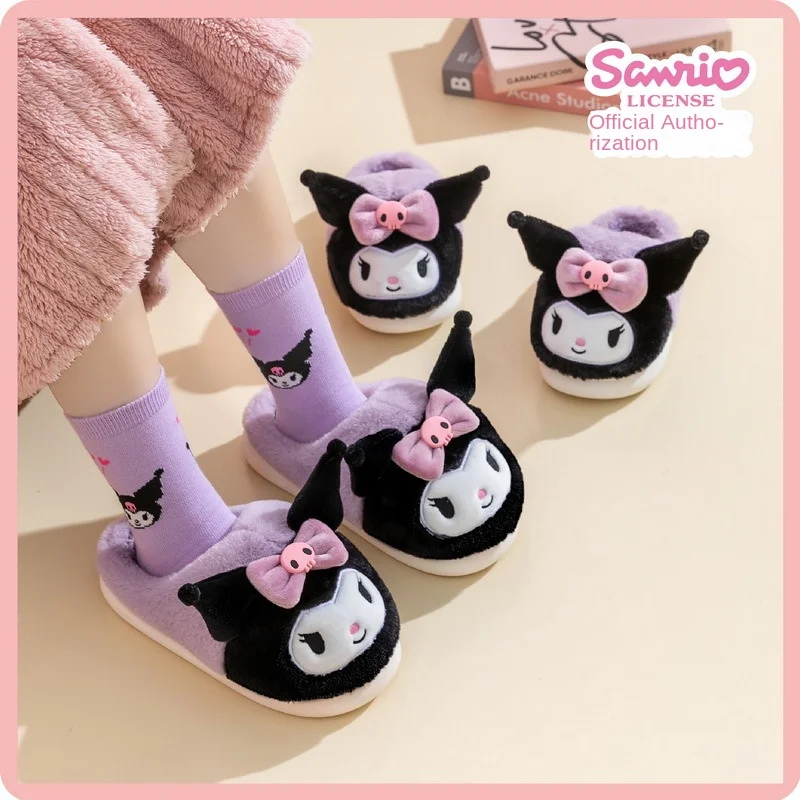 Sanrio Winter Cute Cartoon Non-slip Children\'s Plush Slippers Soft Sole Flip Flops Kids Girls Indoor Mule Warm Home Cotton Shoes