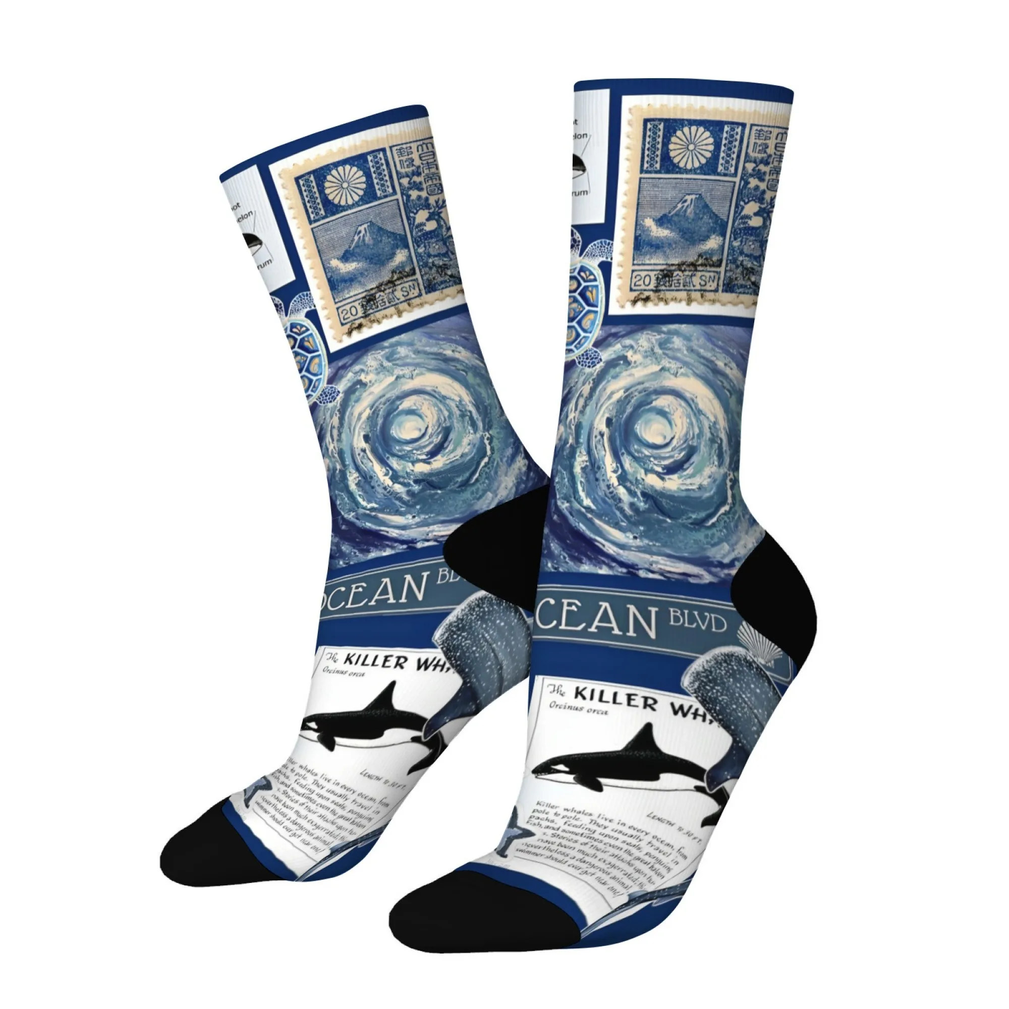海洋愛好家のための教育ギフト 靴下 レトロな科学イラストスタイルのスタンプシールデザイン ユニークなノベルティソックス