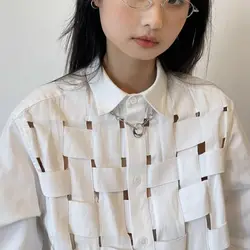 2022 Women Blouse Autumn Spring Cotton Turn-down Collar Full Solid Hollow Out Girls Blouse Tops Simple Preppy Style Small Fresh