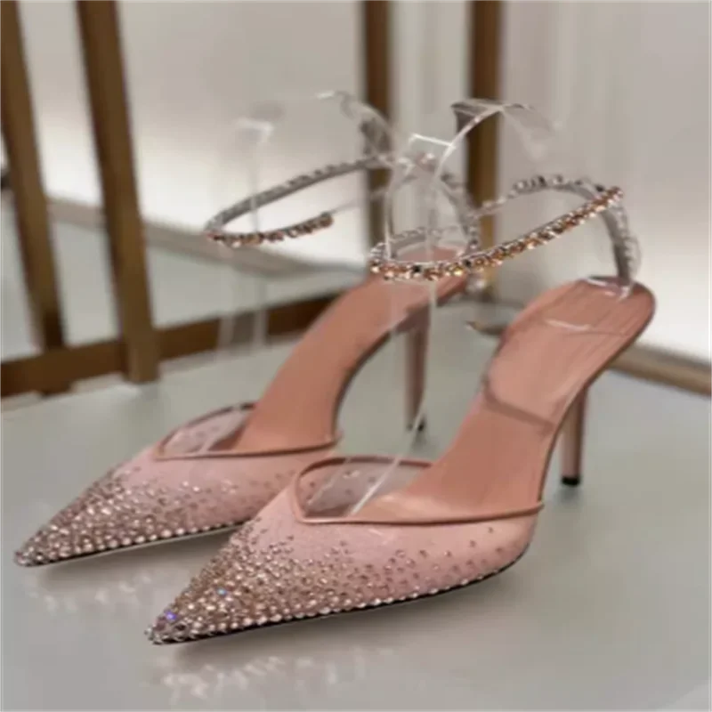 Spike High Heel Sandals Zapatos Rhinestone One-strap Sexy Mature Women Slippers Thin Heels Transparent Temperament Sandals