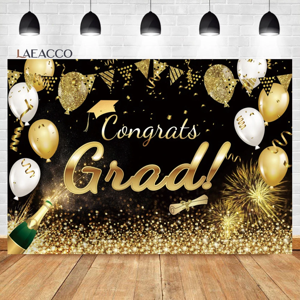 

Laeacco Black and Golden Balloons Congrats Grad Backdrop Champagne Bachelor Cap Kids Portrait Customized Photography Backdrop