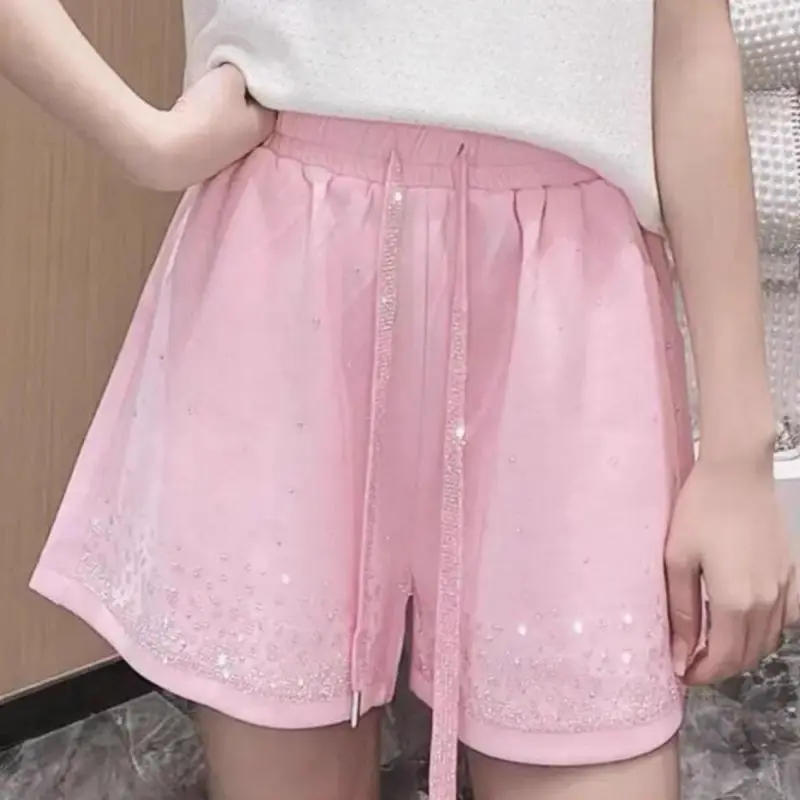 กางเกงขาสั้นเอวสูงสุดฮิตประจำฤดูร้อน รุ่นใหม่ล่าสุด น่ารัก สไตล์สปอร์ต สำหรับผู้หญิง ไซส์พลัส สีชมพู ประดับด้วยคริสตัลวิบวับ