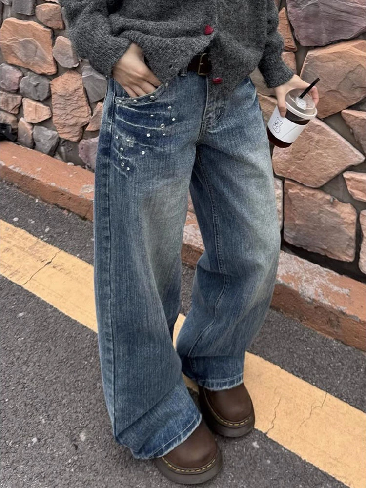 

Women's Retro Rivet Vintage Blue Jeans Cool Girl High Waisted Streetwear Fashion Wide Leg Pants Female Casual Denim Trouser