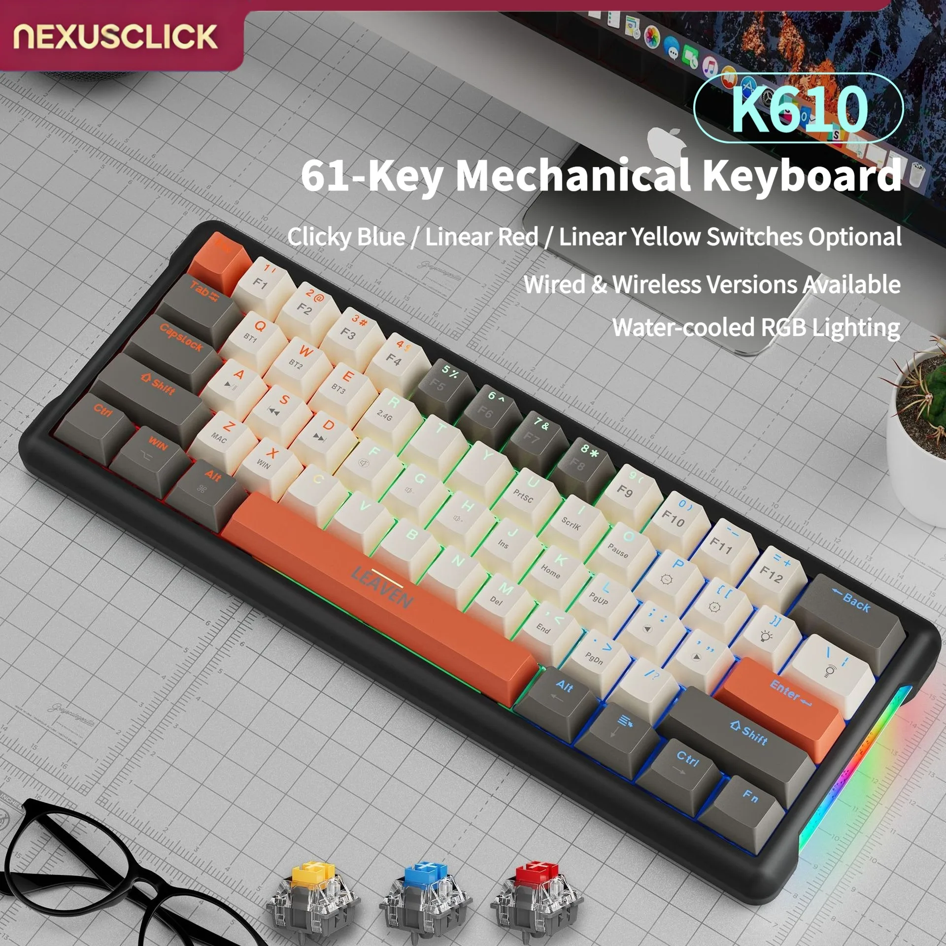 NexusClick 60% Compact Esports Mechanical Gaming Keyboard,61 Keys Red Switch,Hot Swappable RGB Backlit Portable Keyboard for PC