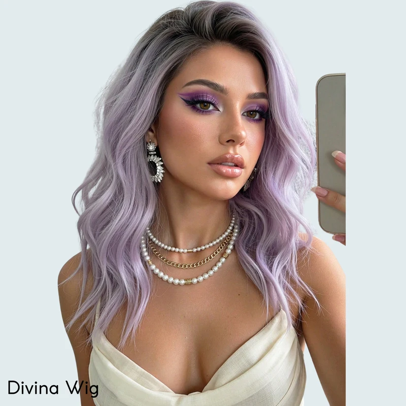 

Lavender Wavy Bob Wig Shoulder Length Synthetic Pastel Purple Natural Looking