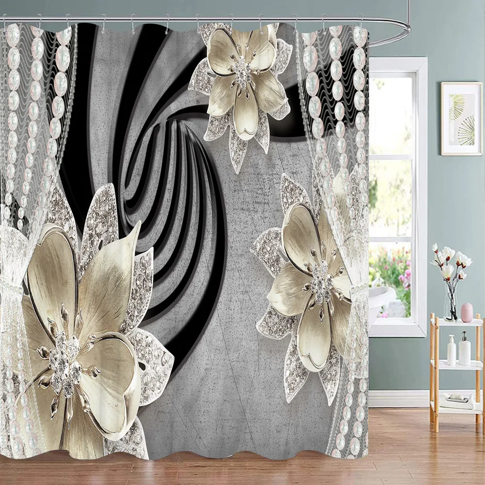 

Elegant and Fashionable Fantasy Pearls and Diamonds Bouquet Shower Curtains 3D Style Relief Sculpture Bath Curtain Bathroom Deco