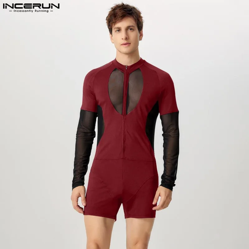 INCERUN Men Casual Long Sleeve Bodysuits 2024 Handsome Hollow Out Design Onesies Mesh Solicing Sexy Comfortable Loungewear