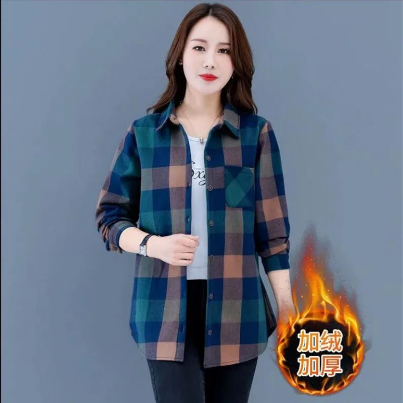 Add Velvet Thicken Cotton Plaid Shirt Blouse 2023 Spring Autumn Winter New Korean Version Retro Casual Shirts Jacket Female Tops