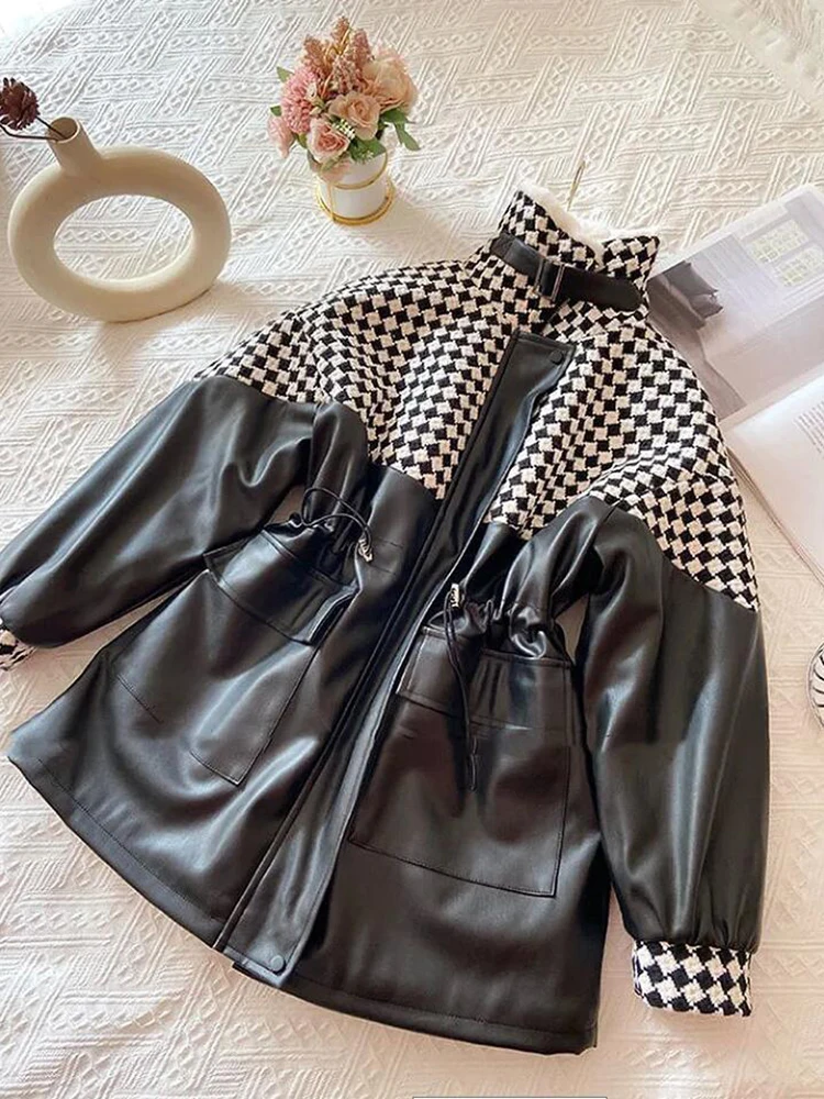 Winter Women Mid-length Velvet Cashmere Parka Sheepskin PU Leather Jacket  Faux Fur Leather Checkerboard Jacket