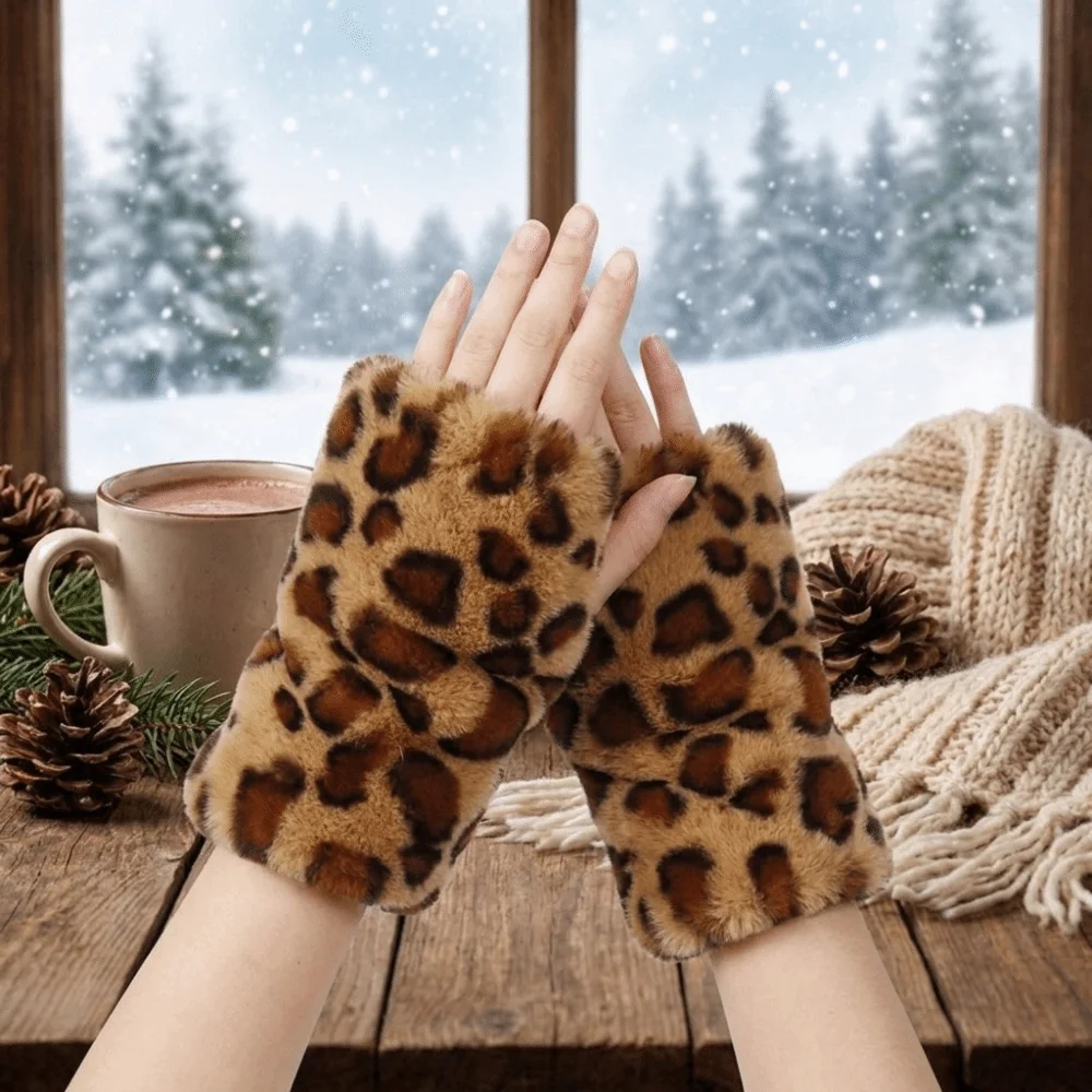 Thickened Fingerless Furry Gloves Fleece Lined Skin Friendly Half Finger Mittens Washable Fluffy Texture Plush Wrist Sleeve