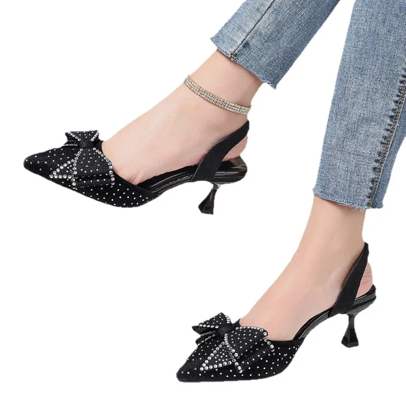 

Denim Rhinestone Women's Shoes 2026 Spring New Bow High Heels Summer Hollow Pointed Thin Heel Set Women's Sandals Large Size