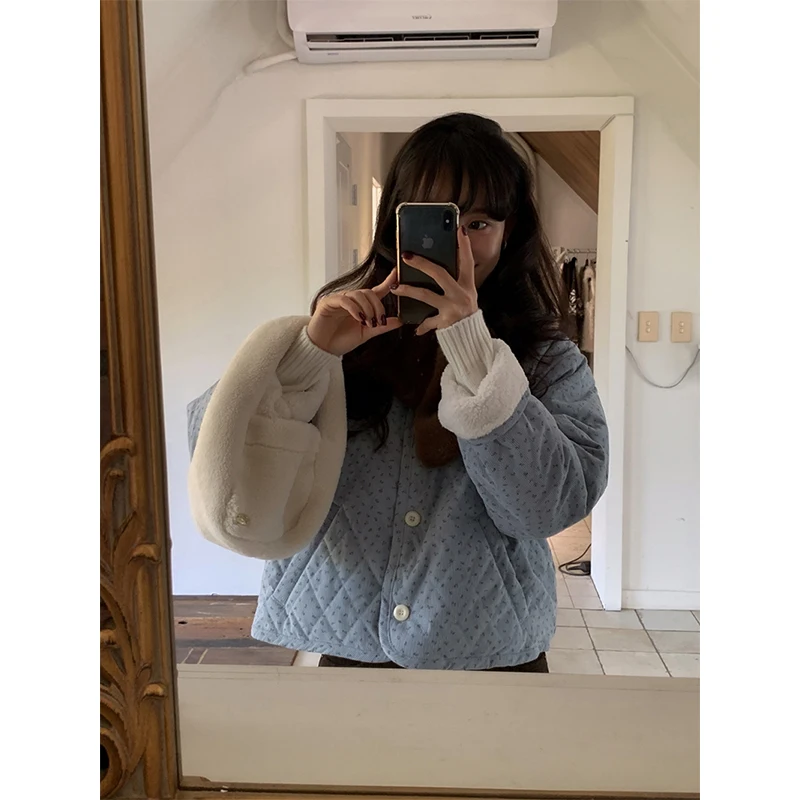 MEXZT 빈티지 플로럴 숏 파카 여성용 한국 패치워크 플러피 재킷 겨울 큐트코어 퍼리 코트 여성용 긴 소매 아우터웨어