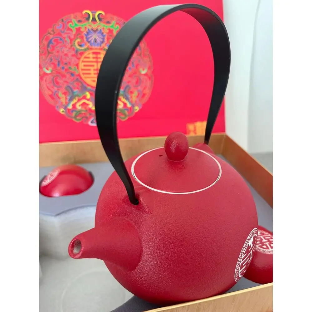 Traditional Chinese Double Happiness Ceramic Tea Set for Weddings, 1 Teapot, 8 Cups, Gift-boxed