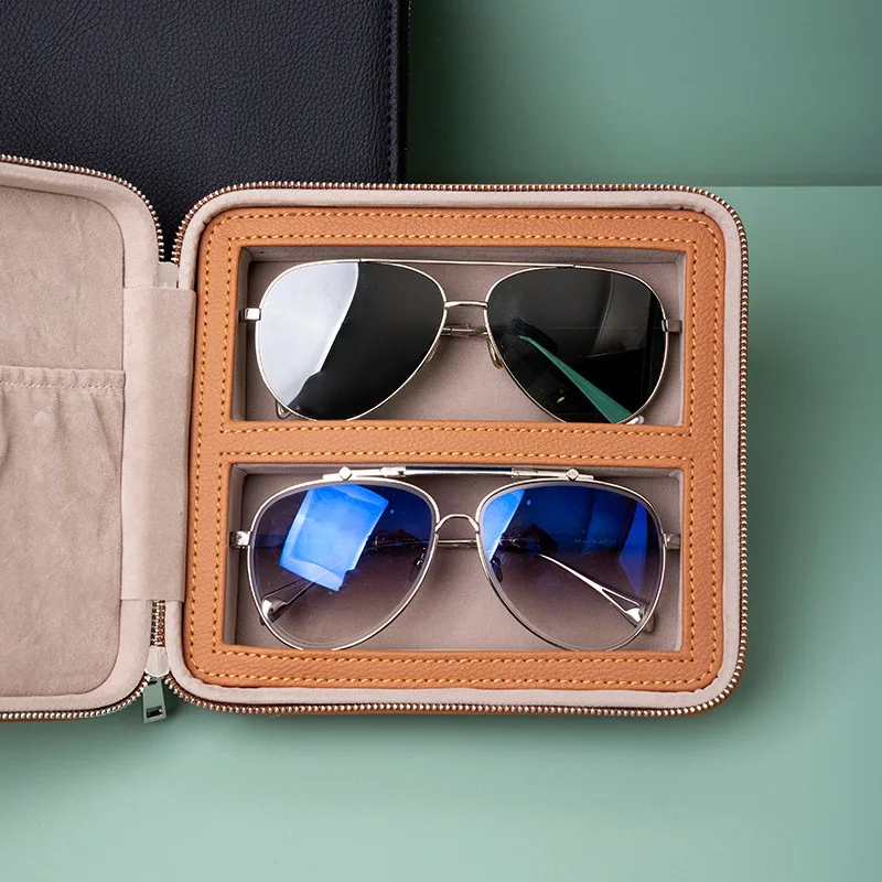 Anti-pressure Sunglasses Case Cowhide Genuine Leather Multi Compartment Organizer Eyewear Accessories Storage Eyeglass Protector