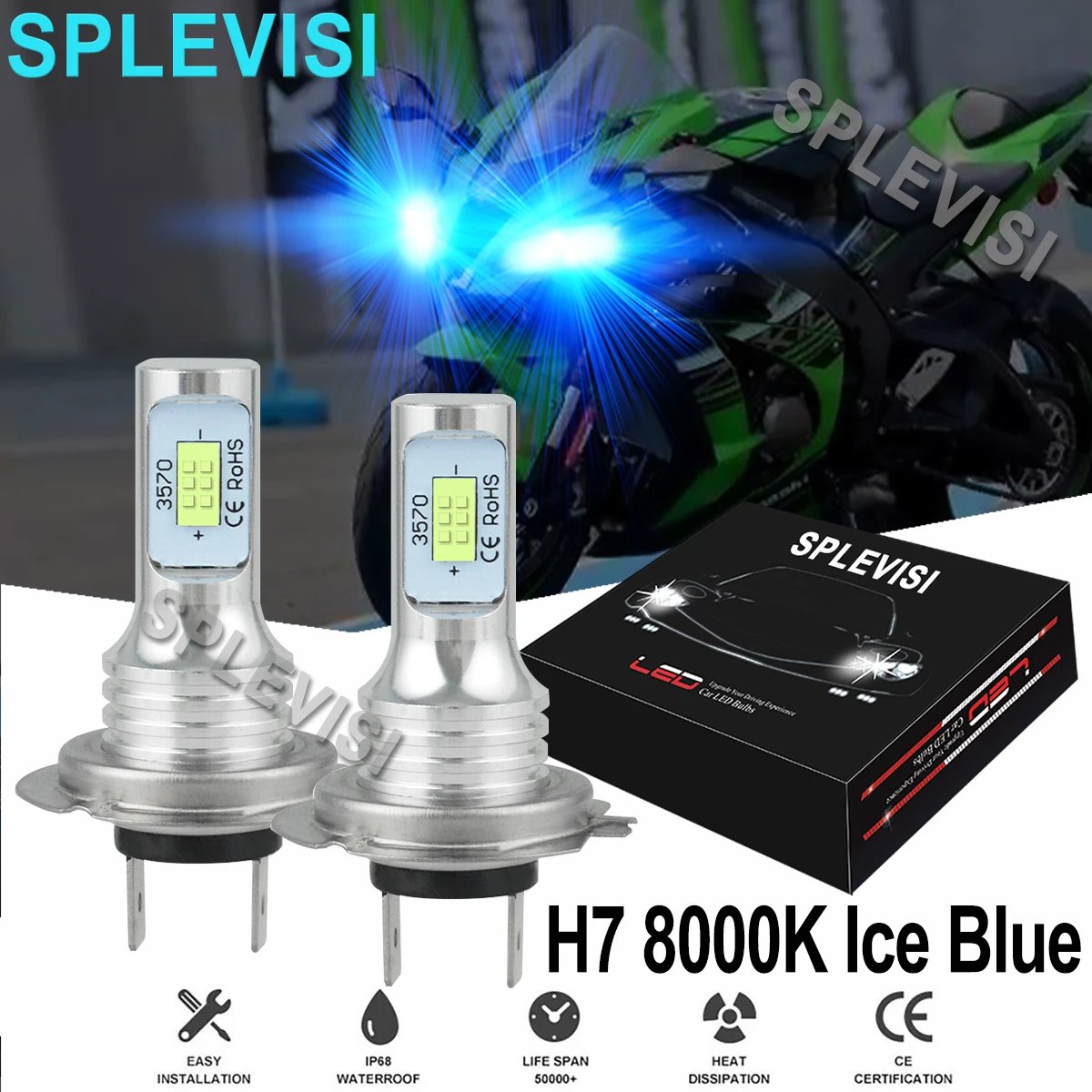

2x 8000K Ice Blue H7 477 499 LED Headlight Bulbs For Kawasaki Z1000 2003-2013Ninja ZX10R ZX1000 2015-2016 ZX1000 ABS2015-2016