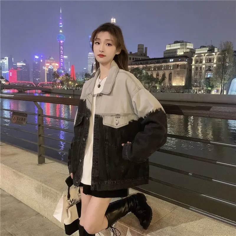 Giacca di jeans Ombre da donna Vestibilità ampia Stile di abbigliamento da lavoro Cappotto lavato versatile Giacca di jeans tie-dye casual per donna Streetwear