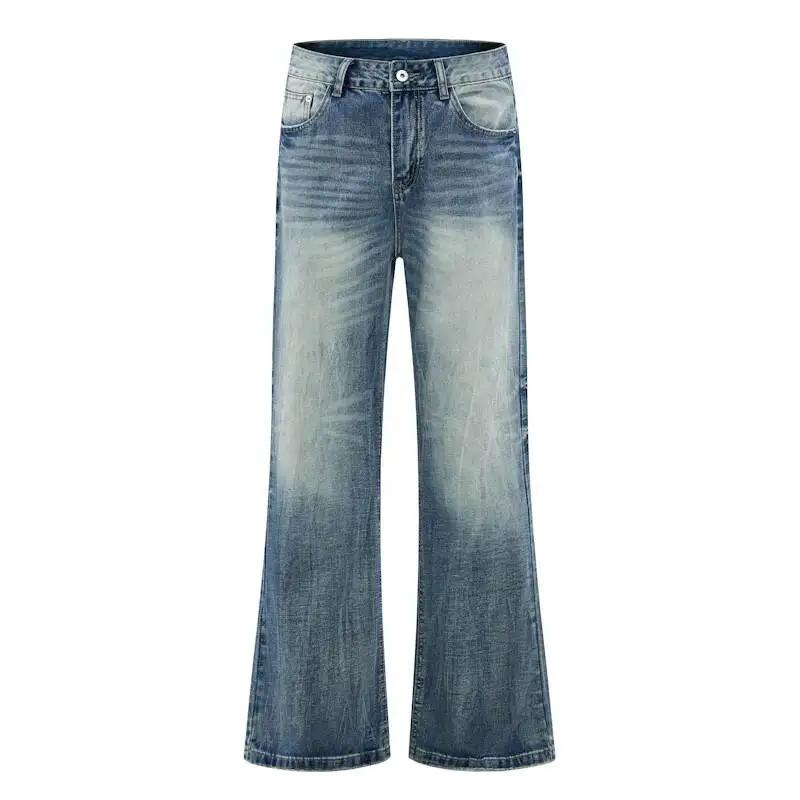 Men's Gradient Retro Flare Jeans Whisker Washed Wide Leg Casual Denim Pants SAN5