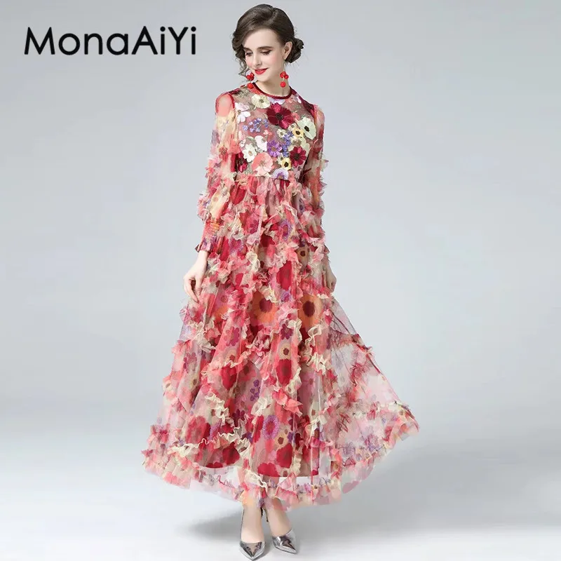 

MonaAiYi Fashion Design Autumn Women's Dress Garment horn sleeve Mesh Edible Tree Fungus Edge Elegant Ball Gown Dresses