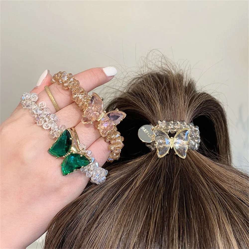 Crystal Butterfly Hair Rope Luxury Beaded Elastic Hair Bands Tie Women Ponytail Hair Ring Exquisite Ins Style Hair Accessories