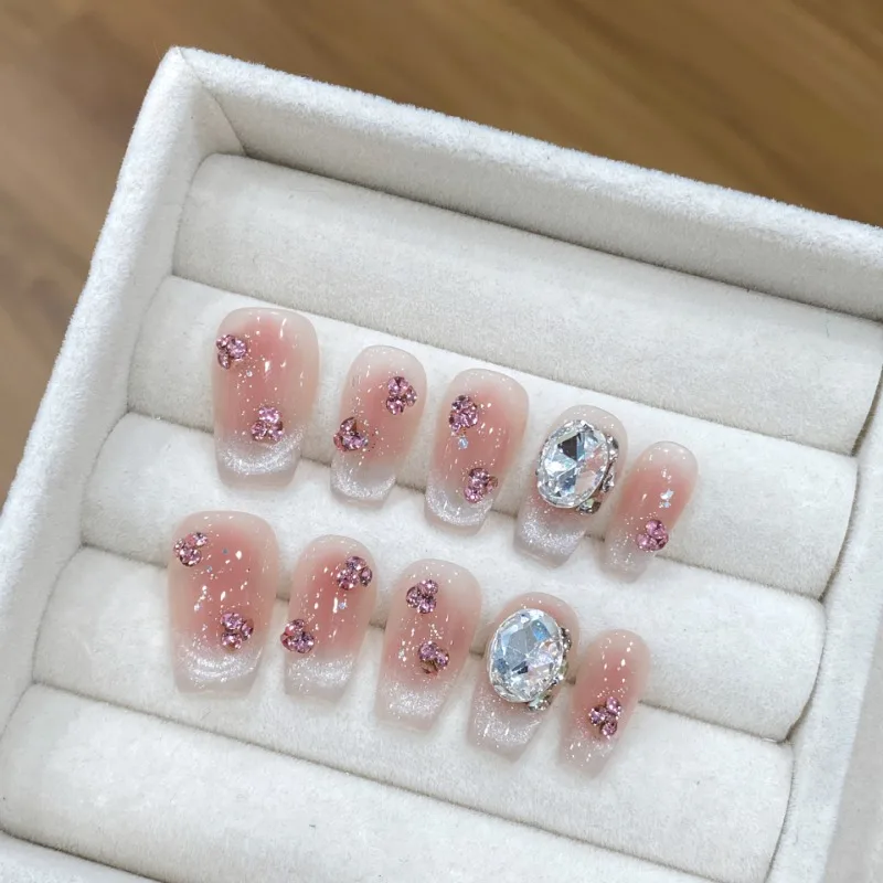 Uñas postizas hechas a mano para niñas, juego de 10 piezas, con diamantes de imitación acrílicos artificiales realistas, decoradas, de alta calidad