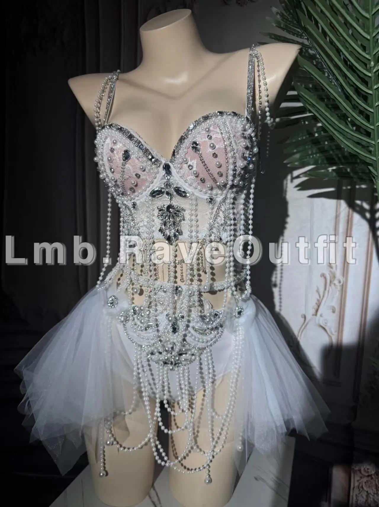 Sexy Luxury Sparkling Diamond Pearl Tassel Bikini Dress Big Powder Blusher Bar Nightclub Show Electric Syllable Singer Dance Set