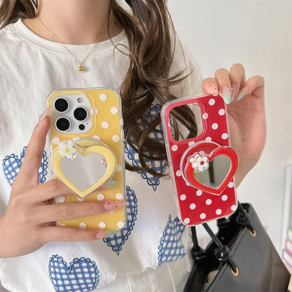 

Korean cute polka dot Heart mirror magnetic stand phone case for iPhone 13 14 15 16 Pro Max cover rotat flower protection Fundas