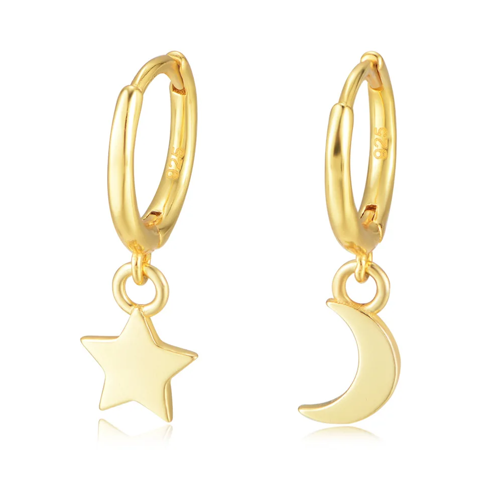 

European and American Cross border S925 Silver Asymmetric Pendant Earrings - Star Moon Design, Elegant Gold Plated Earrings