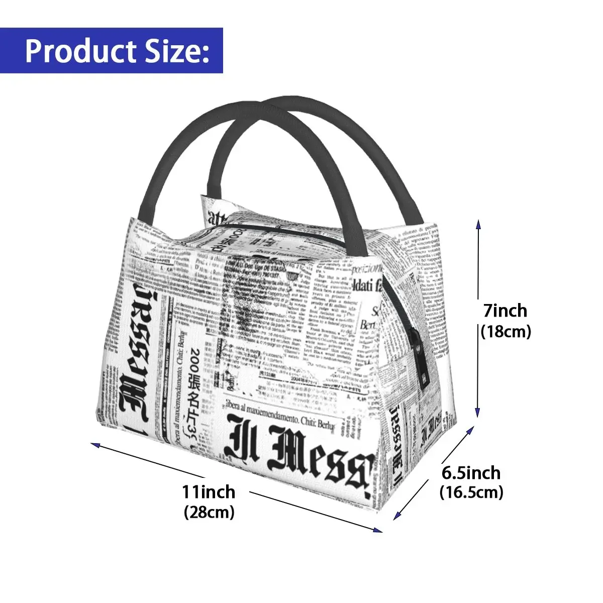 Grunge Newspaper Lunch Bag Black And White Fun Lunch Box For Child Office Portable Insulated Cooler Bag Graphic Tote Food Bags