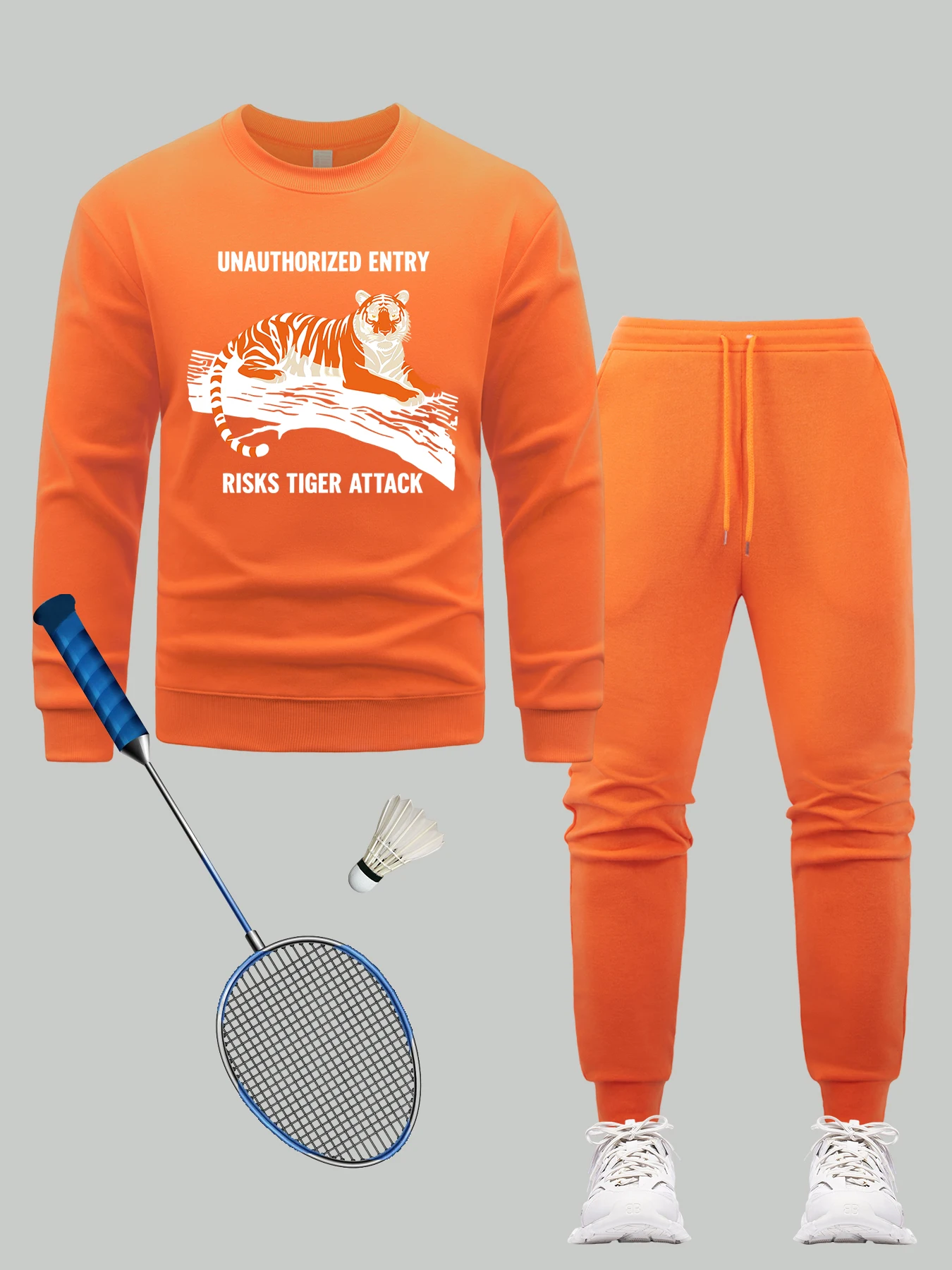 

Unauthorized Entry Risks Tiger Attack Print Men Sweatshirt Set Fleece Autumn Jogging Suit O-Neck Casual Top Warm Soft Sweatpants