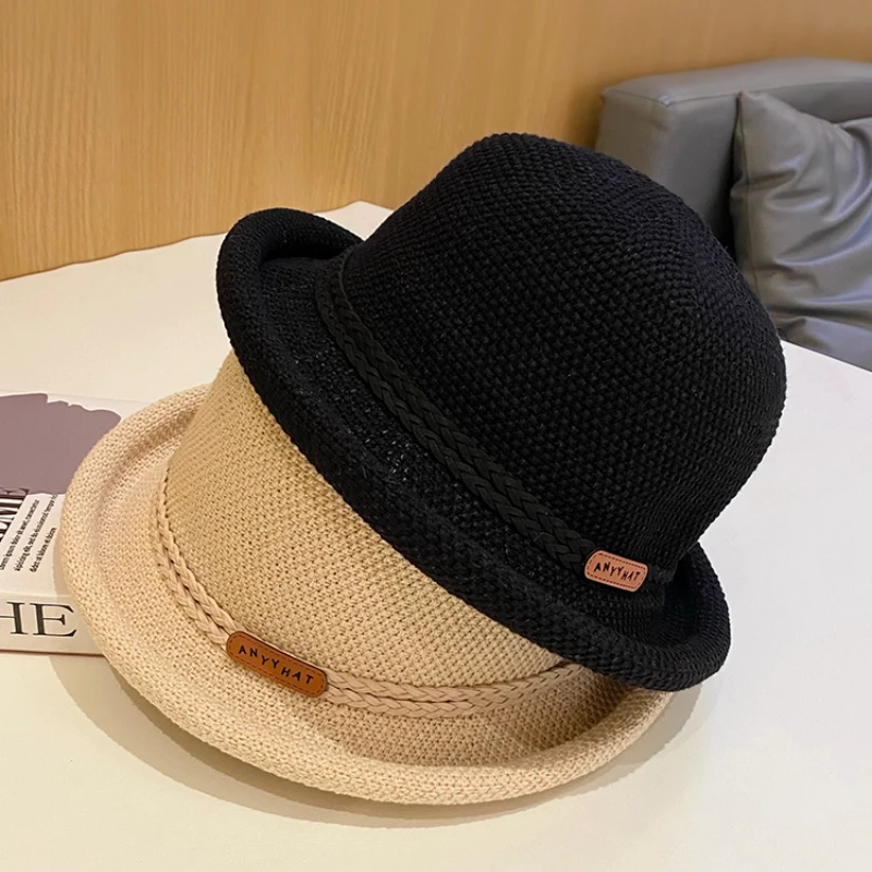 British Retro Domed Fisherman Hat Women\'s Spring Summer Breathable Knitted Rolled Rim Basin Hat Western Style Little Top Hats