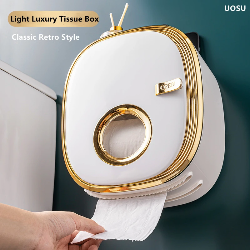 

UOSU Toilet paper holder wall-mounted light luxury waterproof plastic sanitary storage tissue box holder bathroom accessories