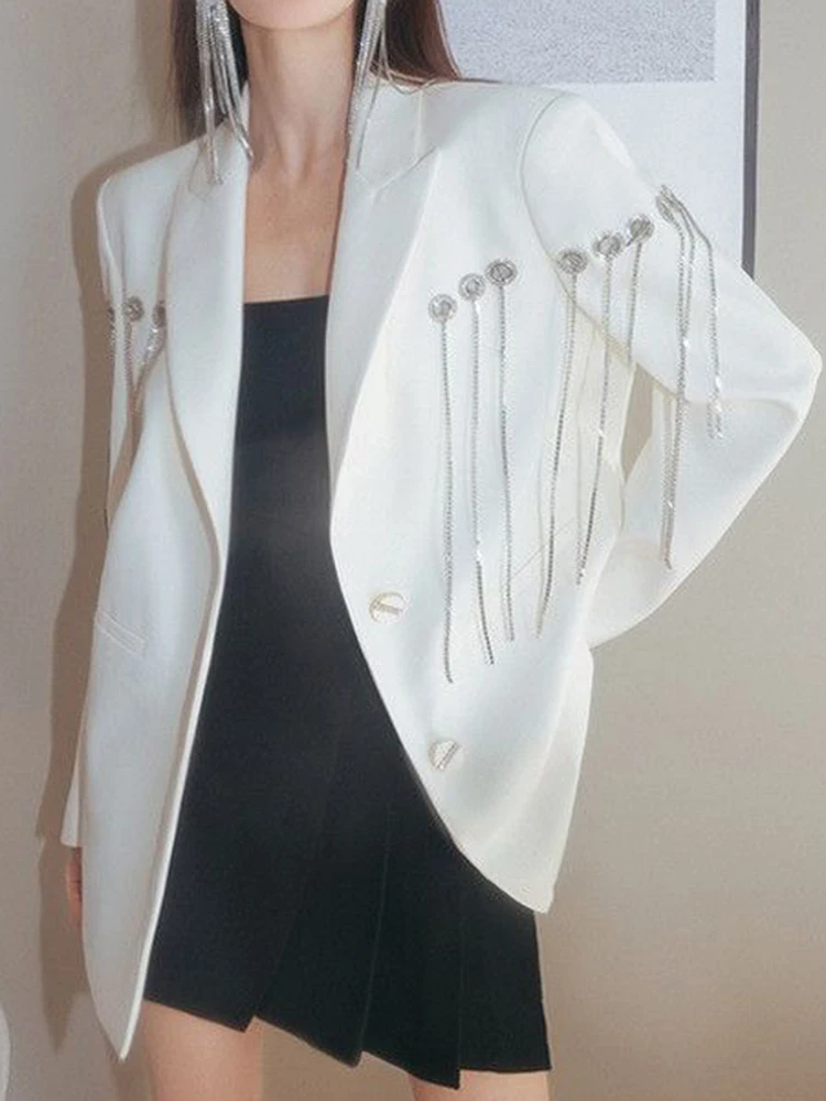 Yermora strass borla elegante blazer para mulheres lapela manga longa solto ajuste jaqueta moda maré primavera outono 2024 novo a70