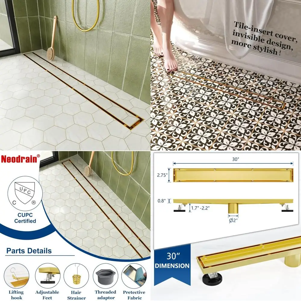 

Gold 30-Inch Linear Shower Drain with Tile Insert Cover, Stainless Steel Rectangle Floor Drain for Modern Bathrooms