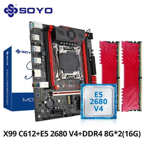 Imagen 1 del producto Juego de placa base para juegos SOYO X99 Chipset C612 Pin TPM2.0 con CPU E5 2680 V4 y DDR4 16G (2*8G) 2133MHz RAM PCIE3.0 para PC de escritorio