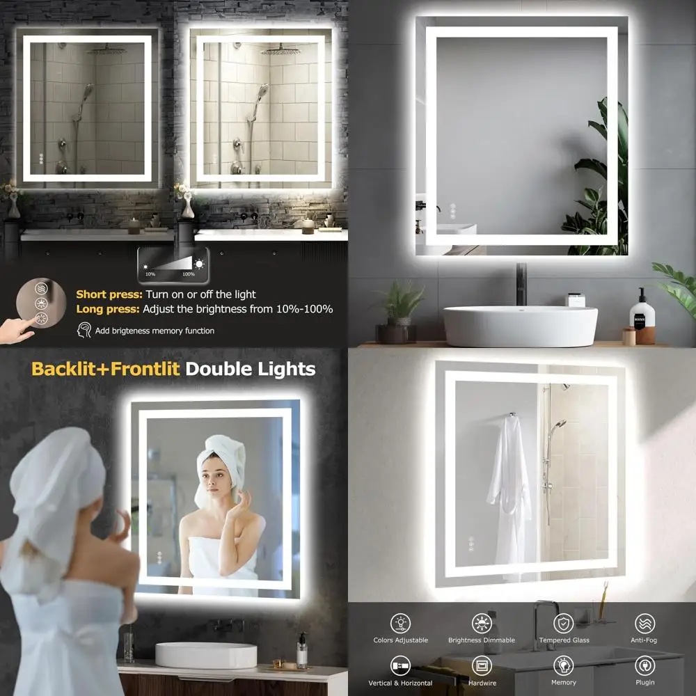 

Dimmable 32x36 LED Backlit Bathroom Mirror with Anti-Fog, Front Lit, Shatterproof Tempered Glass, Memory Function
