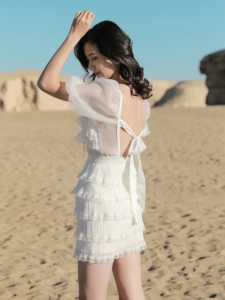 Gypsylady renda malha chique mini vestido branco sem costas laço verão vestido feminino em camadas férias sexy festa senhoras vestido