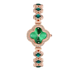 Relógio de quartzo de luxo feminino, pulseira de ouro rosa verde esmeralda, mostrador diamante, presente casual, nova moda