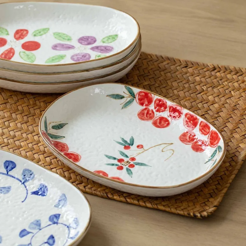Japanese-Style Mino-yaki Hand-Painted Vintage Ceramic Dinner Plate, Curry Plate, Oval Platter, Steamed Fish Dish