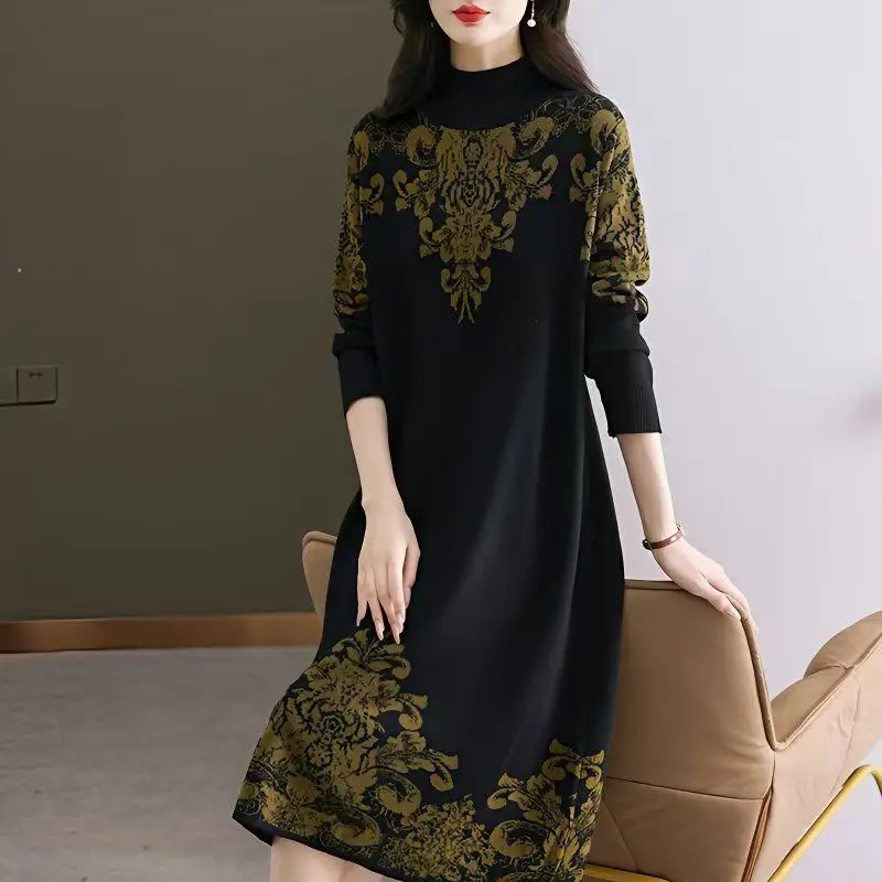 여성을 위한 한국 패션 프린트 니트 풀오버 가을 겨울 캐시미어 두꺼운 따뜻한 스웨터 드레스 2025 우아한 루즈 프로무 드레스
