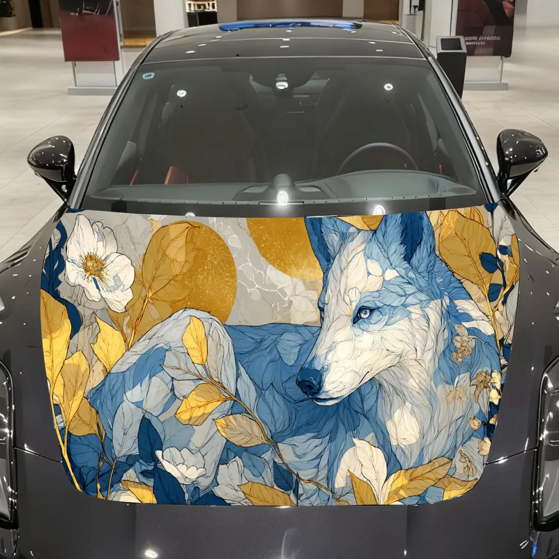 

Yellow Floral Blue Wolf Auto Cover Sticker, Waterproof and Self-adhesive Auto Hood Decal, Auto Vinyl Wraps, Cool Car Exterior De