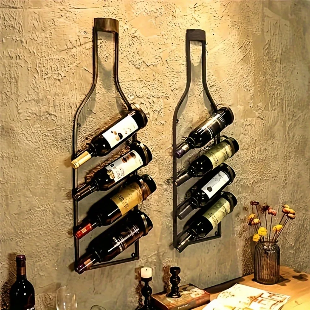 Wandmontiertes Weinregal für 4 Flaschen, Flaschenförmiger Metall-Weinhalter für Wohnzimmer, Wein-Themen Wanddekoration und Aufbewahrung
