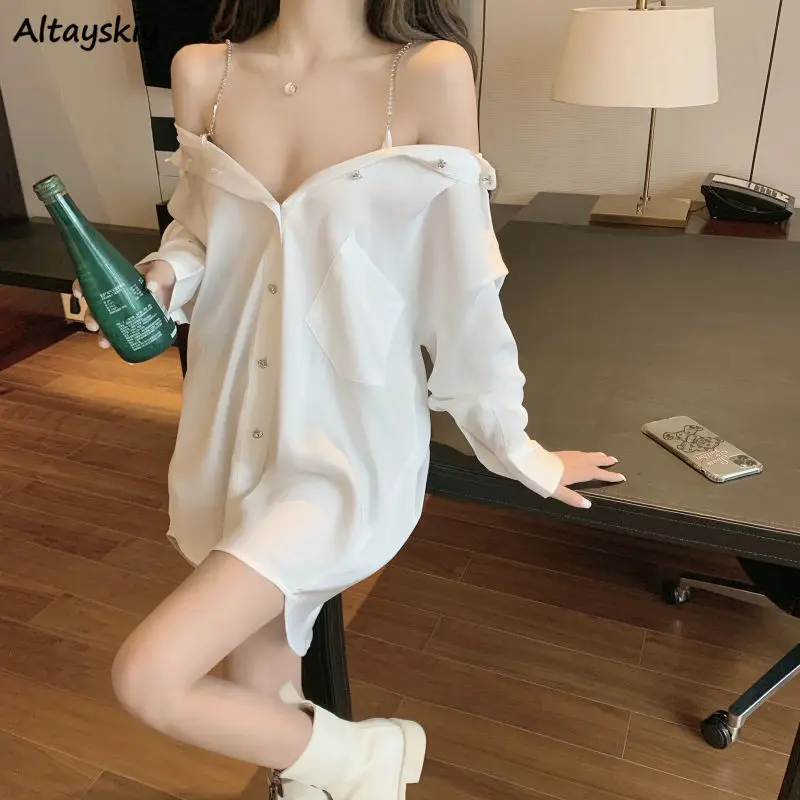 Shirts Women Design Elegant Solid Chain Slash Neck Trendy Leisure Sexy Long Sleeve Spring All-match Females Daily Ulzzang New