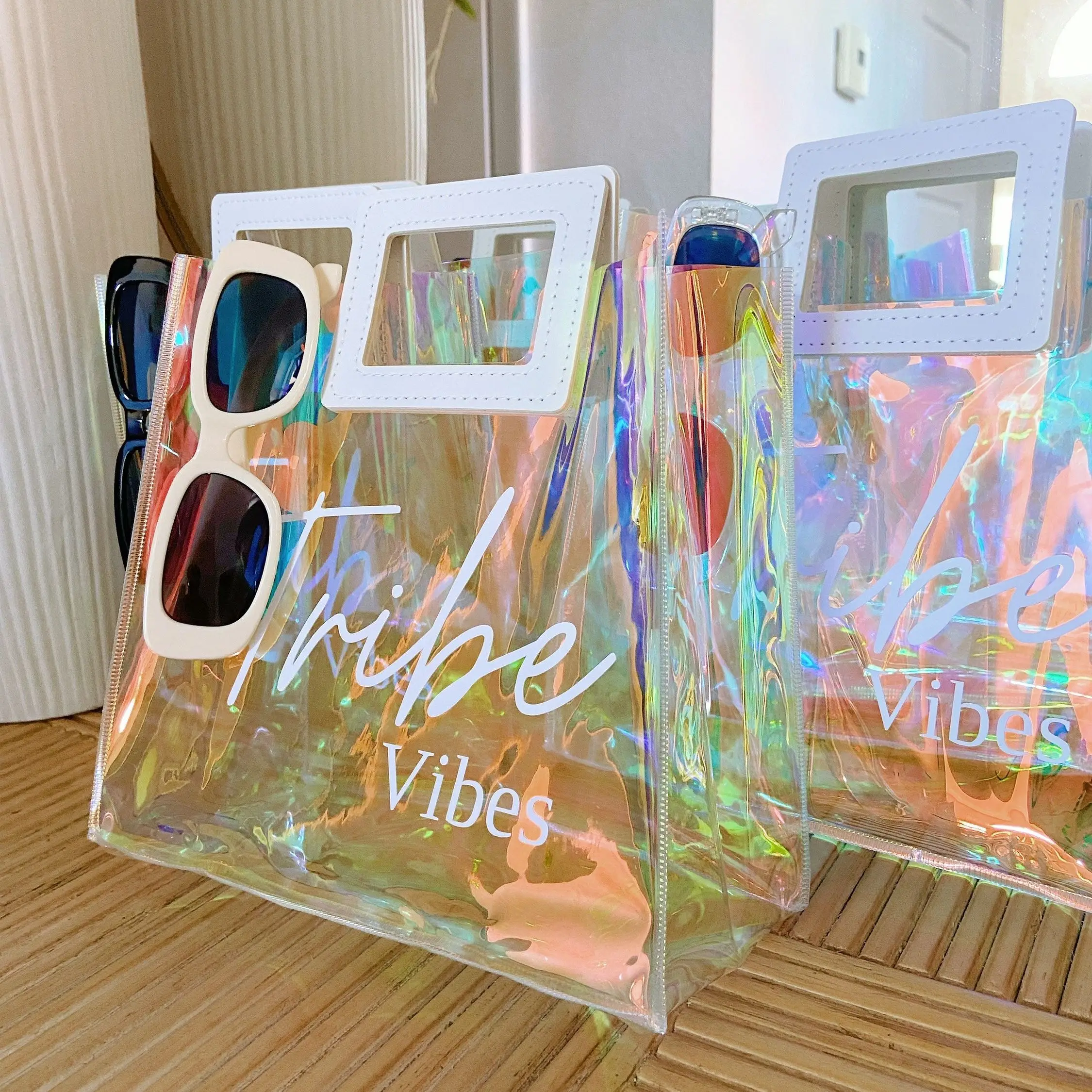 Personalized Holographic Bridesmaid Tote, Iridescent Bachelorette Party Gift Bag, Waterproof Colorful Beach Tote Bag, Bridal Sho