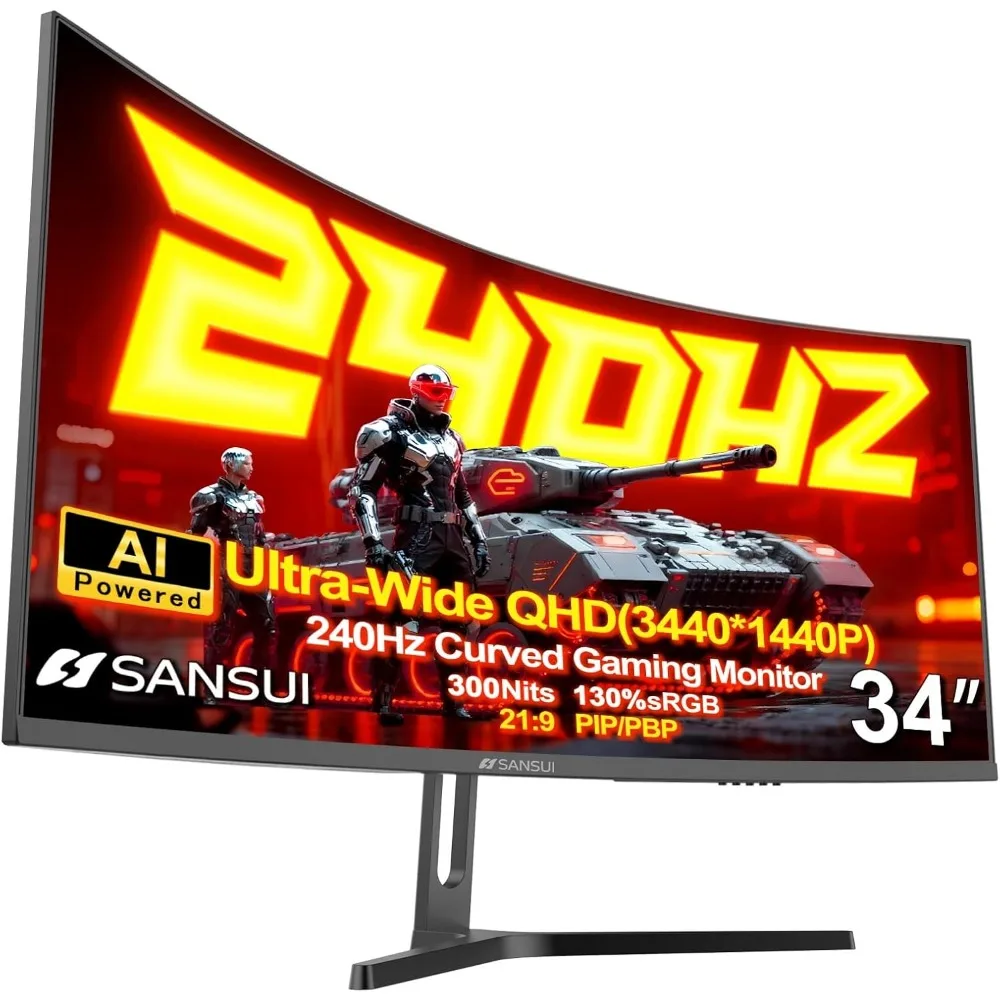 34-calowy monitor gamingowy Ultrawide UWQHD o rozdzielczości 3440x1440P i częstotliwości odświeżania 240Hz, zakrzywiony monitor 2K 21:9 1500R, szybki panel VA, PIP/PBP, krzyżak AI, AIPQ