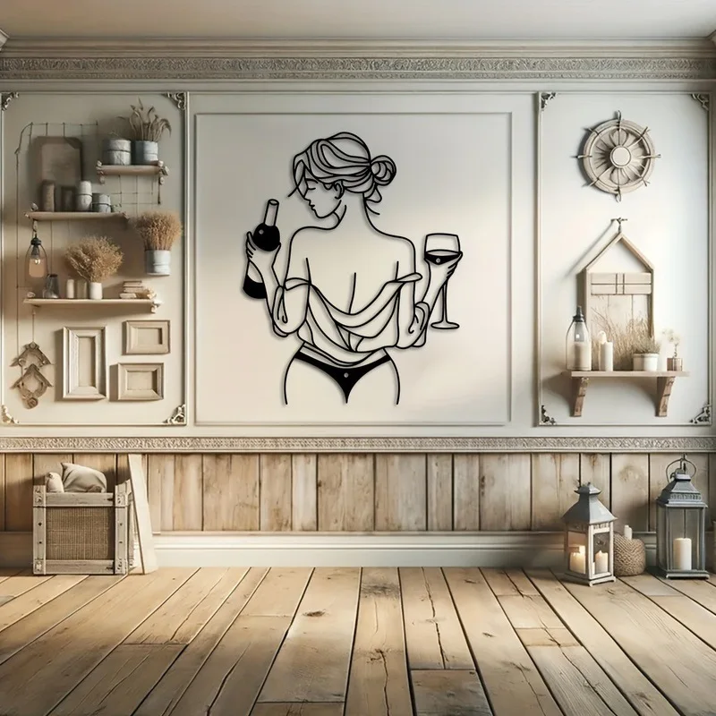 Schlanke schwarze Metall-Wandkunst „Wine Lady Line“, platzsparende abstrakte Wanddekoration, moderne Dekoration für kleine Apartments und Barwagen – Detail 3